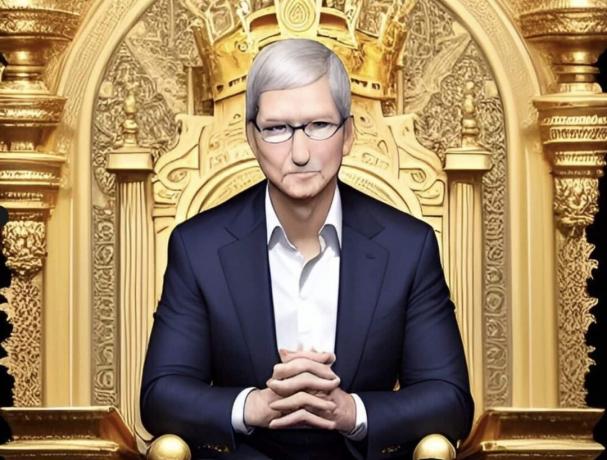 Tekoälyn luoma kuva Applen toimitusjohtaja Tim Cookista istumassa koristeellisella kultaisella valtaistuimella.