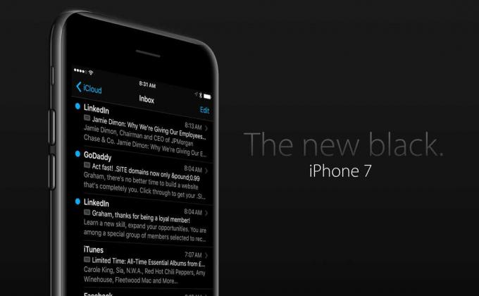 iPhone 7 -malli, jossa on musta anodisoitu alumiinikotelo, OLED -näyttö ja tumma iOS 10 -tila