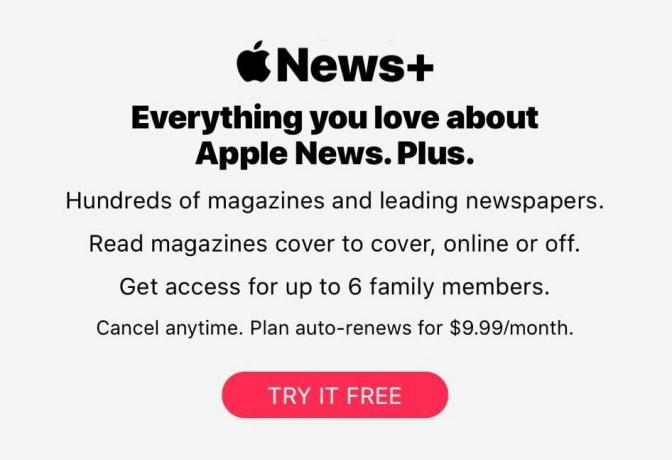 Apple News+ reģistrēšanās ekrāns