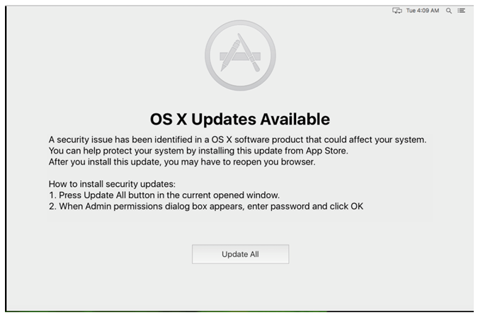 OSX/Dok 맬웨어는 가짜 OS X 업데이트를 설치하도록 합니다.