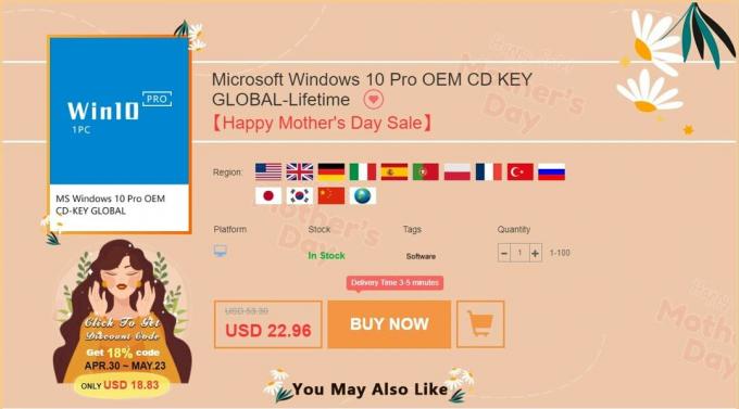 Pe pagina produsului, faceți clic pe „cumpărați acum” pentru a cumpăra ceva din Reducerea de Ziua Mamei.