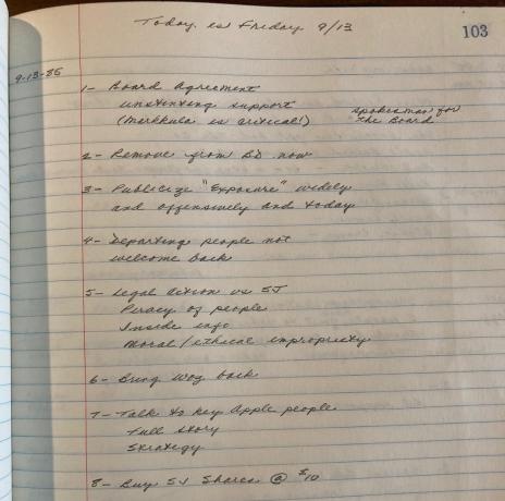 Del Yocam menyimpan banyak catatan selama waktunya di Apple. Berikut adalah entri buku catatan yang berkaitan dengan penggulingan Steve Jobs pada tahun 1985. (Perhatikan poin tentang kemungkinan pengembalian Woz!)