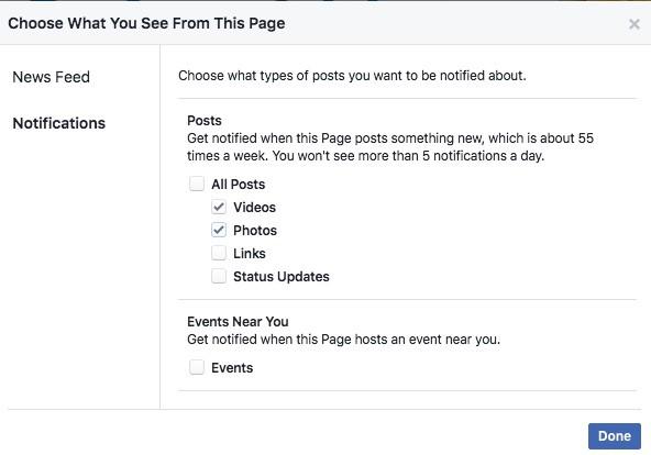 snímek obrazovky upozornění na nastavení stránky na Facebooku