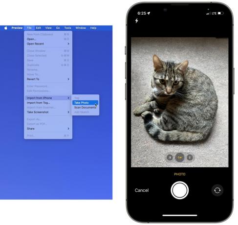 Vasemmalla: Tuo iPhonesta Macissa. Oikealla: kuvan ottaminen iPhonella.