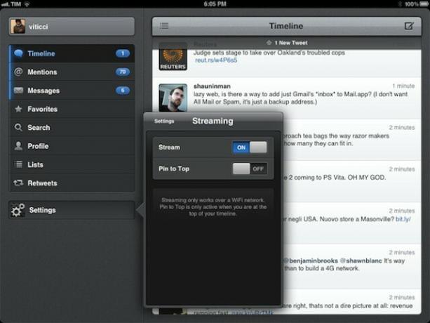 Tweetbot jaunā straumēšanas iespēja. Attēlu pieklājīgi no Macstories.net.
