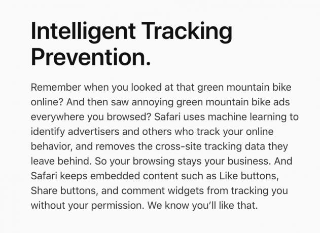 Intelligent Tracking Prevention wird auf der Safari-Website von Apple stark beworben
