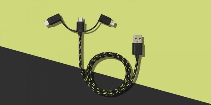 Tento jediný kabel je pevný, nezamotaný a je kompatibilní se 3 různými typy připojení.