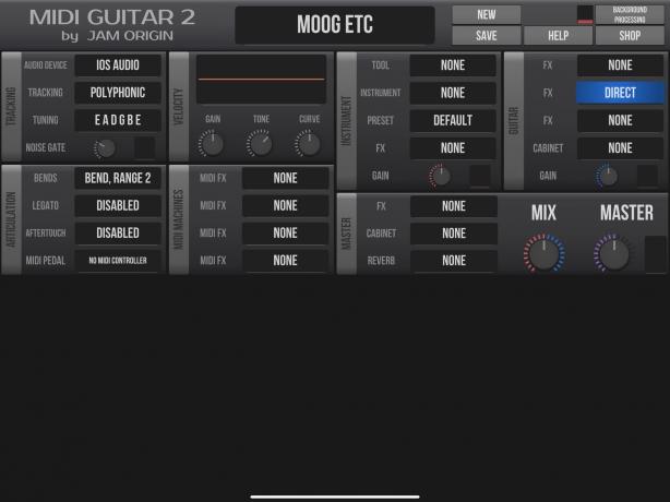 Antarmuka MIDI Guitar 2 hanya memakan setengah layar.