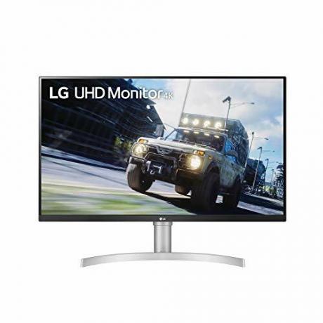 LG 32UN550-W monitors 32 collu UHD (3840 x 2160) displejs, DCI-P3 90% krāsu gamma, HDR 10, AMD FreeSync, bezmalu dizains, regulējams slīpuma augstuma statīvs — sudraba krāsa