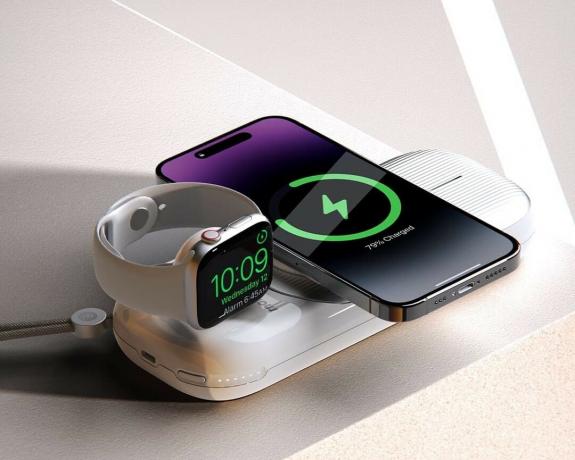 Momax Airbox Go パワー バンクは、iPhone に 15W、Apple Watch と AirPods に 5W の充電電力を供給します。