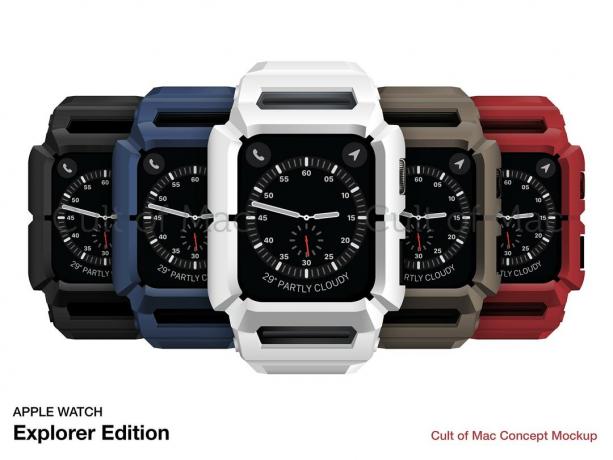 Vykreslování Apple Watch Explorer Edition: Pogumovaný vnější povrch poskytuje extra odolnost proti nárazu a ochranu