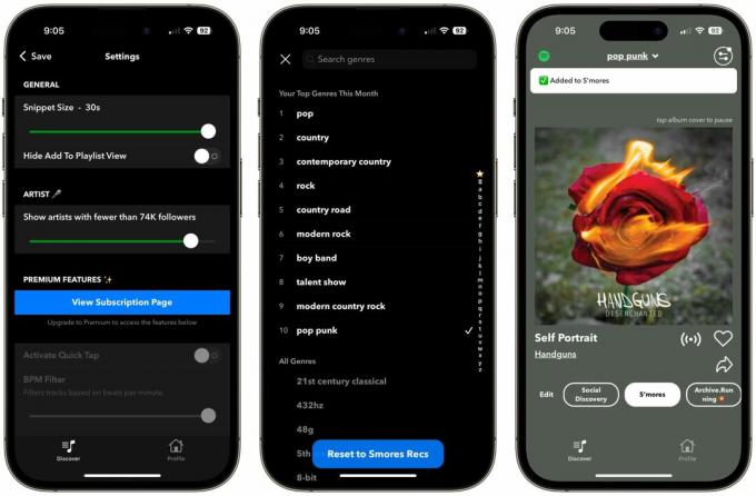 Zrzuty ekranu z Smores – aplikacji, która sprawia, że ​​odkrywanie muzyki jest tak proste, jak przesunięcie TikToka