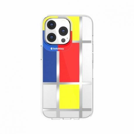 Tässä SwitchEasy iPhone 13 -kotelossa on taiteilija Mondrianin töitä.