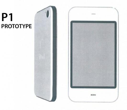 Ini adalah prototipe " Sandwich" awal (juga ditandai " iPod" di bagian belakang) yang membayangkan iPhone dalam plastik putih ikonik Apple. Pada model awal, tombol Beranda ditandai " Menu."