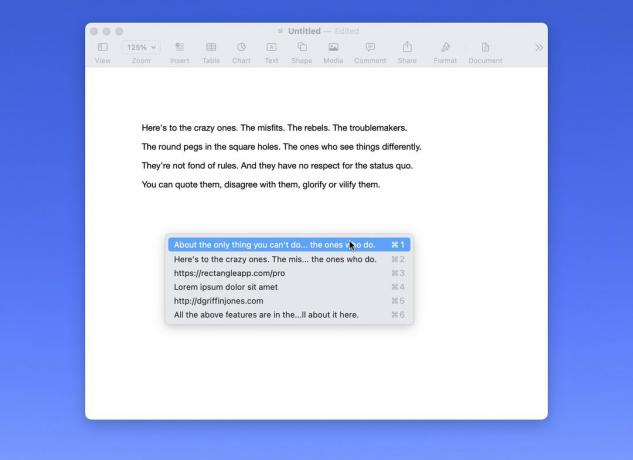 Använder Maccy för att klistra in text i ett Pages-dokument