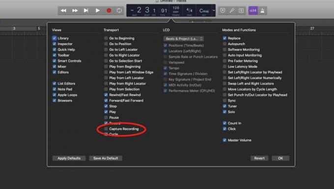 Valitse Capture Recording -valintaruutu, jos haluat Logic Pro X: n tallentavan jääneet otot.