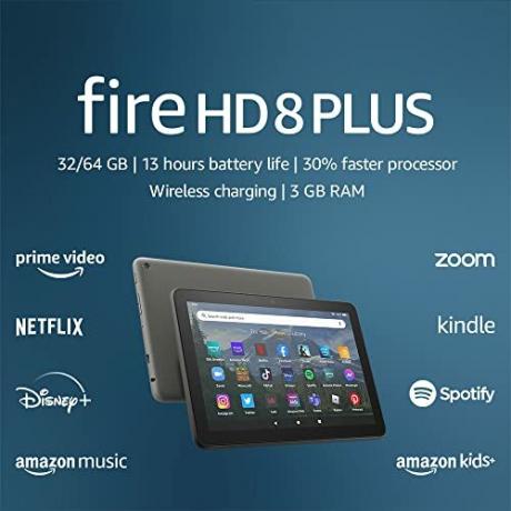 Tablet Amazon Fire HD 8 Plus, 8” HD displej, 32 GB, o 30 % rýchlejší procesor, 3 GB RAM, bezdrôtové nabíjanie, (vydanie 2022), sivá