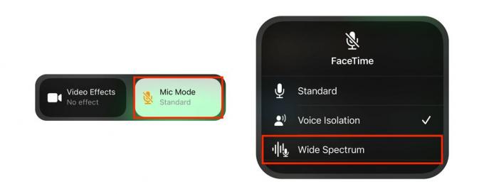 Активиране на широкоспектърен звук за разговори по FaceTime: Изберете Mic Mode, след това Wide Spectrum