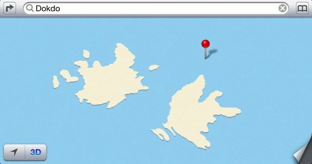 A Dokdo -szigetek az iOS 6 Térképekben.
