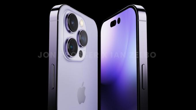 Bu konsept, yeni iPhone 14'ü mor renkte gösteriyor.