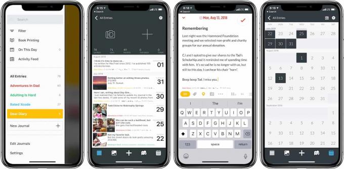 Screenshot dell'app Day One di diari, voci, nuovi elementi e calendario
