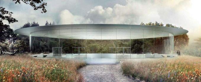 Koncepcija par to, kā izskatīsies ieeja Apple nākotnes teātrī, nevis kadrs no Kristofera Nolana nākamās zinātniskās fantastikas eposa. Foto: Cupertino.org