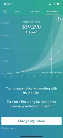 Acorns Projected Value Chart: Die elegante Benutzeroberfläche zeigt, wie das Geld, das Sie jetzt investieren, in Zukunft wachsen wird.