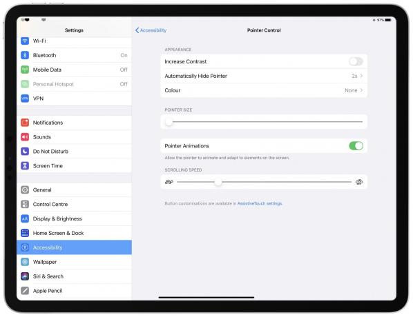 Az iPadOS 13.4 új mutatóvezérlési beállításai.