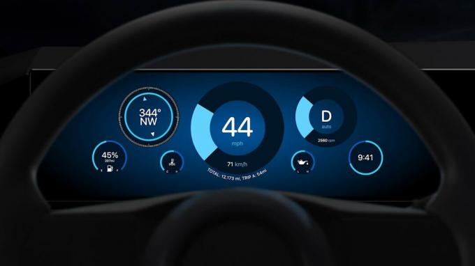 „CarPlay“ skaitmeninis prietaisų skydelis tamsiuoju režimu, skirtas vairavimui naktį.