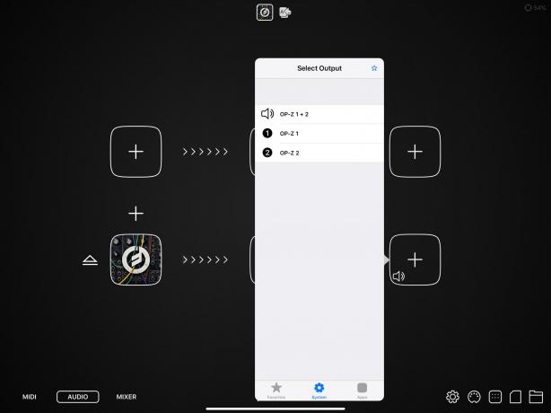 აქ არის OP-Z ნაჩვენები როგორც აუდიო ინტერფეისი AudioBus– ის შიგნით iPad– ზე.