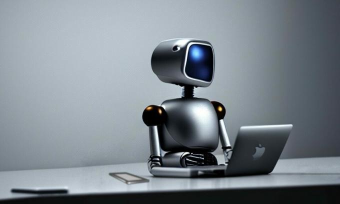 Door AI gegenereerde afbeelding van een zilveren robot die aan een bureau zit met een MacBook Pro en iPhone