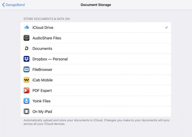 Configurações de armazenamento de documentos do GarageBand.