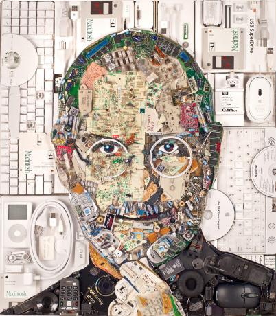 स्टीव जॉब्स का चेहरा बनाने में 20 पाउंड की व्यक्तिगत कंप्यूटिंग कलाकृतियाँ लगीं।