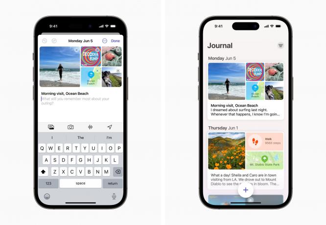 Apple Journal App-pressebilder oppretter ny oppføring og liste over tidligere oppføringer