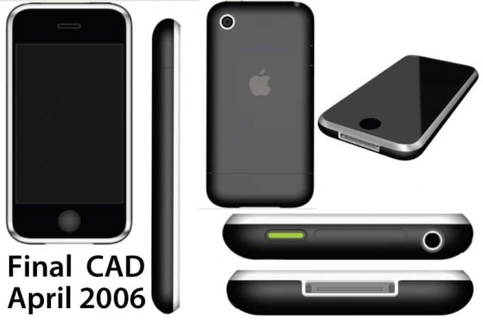 Dessa CAD -utgångar visar vad som skulle bli den första iPhone - en stor glasskärm som hålls på plats av en polerad rostfritt stål.