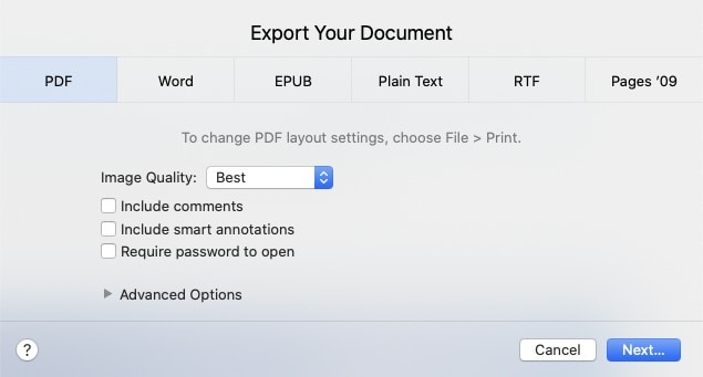 אפשרויות PDF בדפים