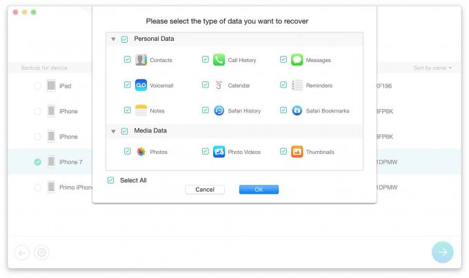 Po spuštění aplikace iMobie PhoneRescue se rozhodnete, jaké typy dat iOS chcete obnovit.