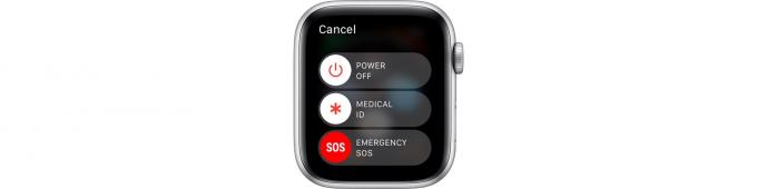 Pressione e segure a coroa digital para obter o controle deslizante Apple Watch Emergency SOS.