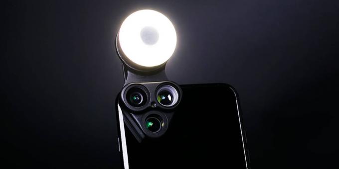 Fügen Sie Ihrem Smartphone sofort 3 neue Linsen, ein LED-Licht und einen Selfie-Spiegel hinzu.