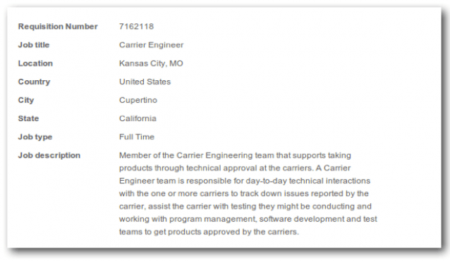 Apples jobbannons för Carrier Engineer