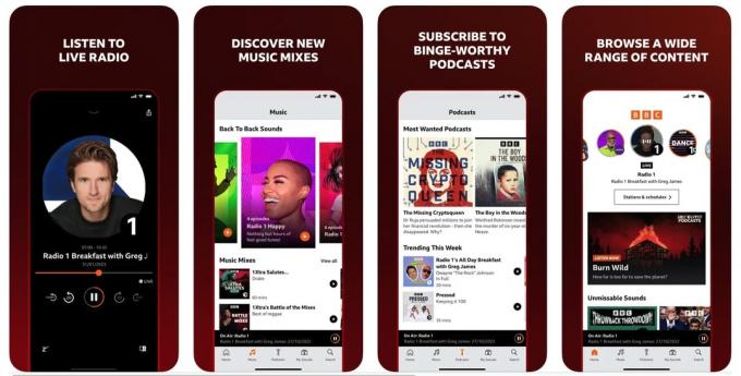 Gli screenshot mostrano l'app BBC Sounds su iPhone