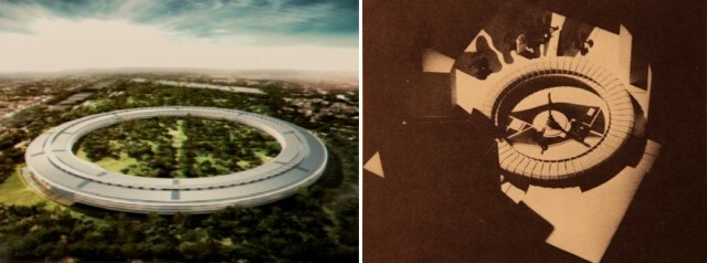 ისესხა Apple– მა თავისი კოსმოსური ხომალდის მსგავსი Cupertino HQ– ის დიზაინი ამ რეტრო ფუტურისტულ დიზაინზე, რომელიც გაკეთებულია NYC Columbia Circle სავაჭრო ცენტრისთვის ჯერ კიდევ 1940 – იან წლებში?