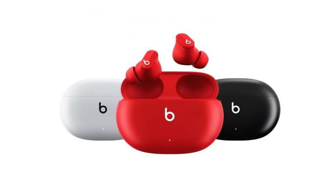 „Beats Studio Buds“ yra nešiojimo dėkle su trimis spalvų variantais: balta, raudona ir juoda.