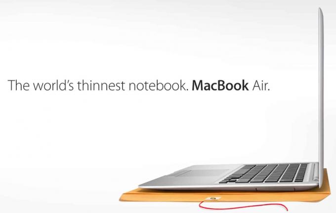 Ένας απλός φάκελος μανίλα έγινε βασικός εξοπλισμός για την πώληση του MacBook Air, " του λεπτότερου φορητού υπολογιστή στον κόσμο".