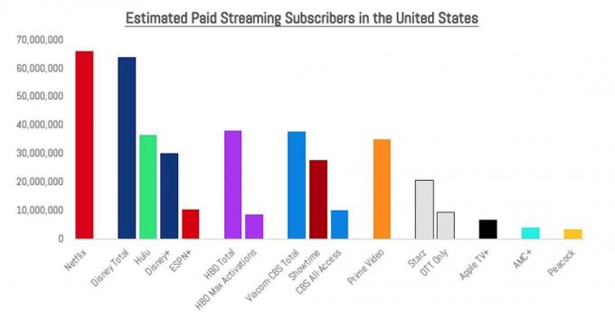 Odhadovaný počet předplatitelů streamovaného videa v USA na konci roku 2020