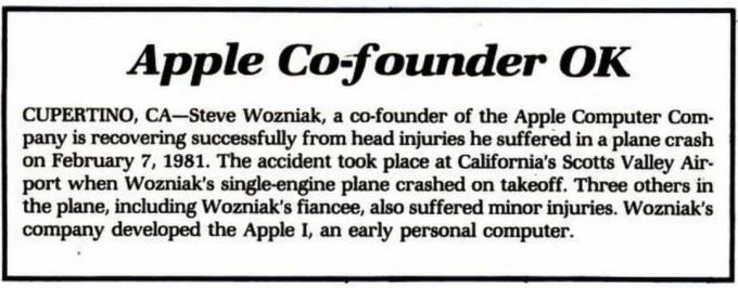 Новината е катастрофата със самолет на Стив Возняк.