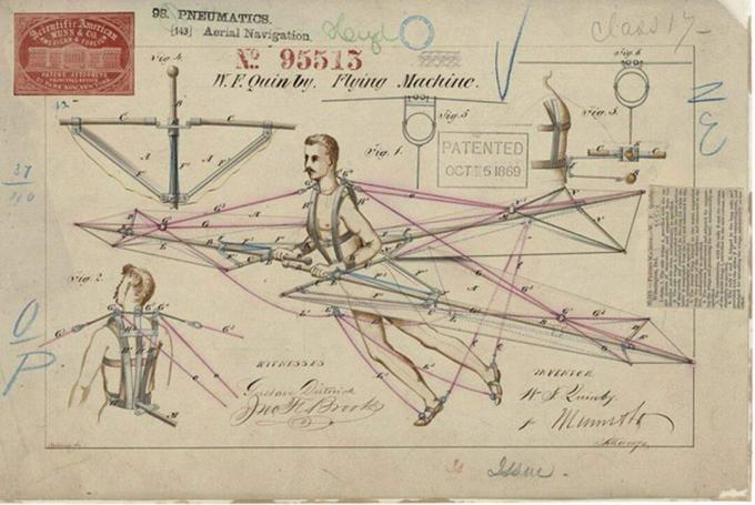 1860 -ųjų skraidanti mašina, nupiešta šešėliais, spalvomis ir detalėmis, kurių nematyti šiandieninėse patentinėse iliustracijose.
