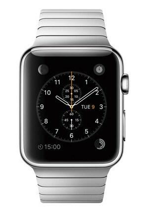 Apple Watch ruostumattomasta teräksestä valmistetulla rannekkeella. Kuva: Apple.