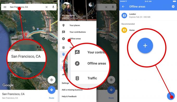 Cómo guardar mapas sin conexión con Google Maps para iPhone (paso 1 de 2).